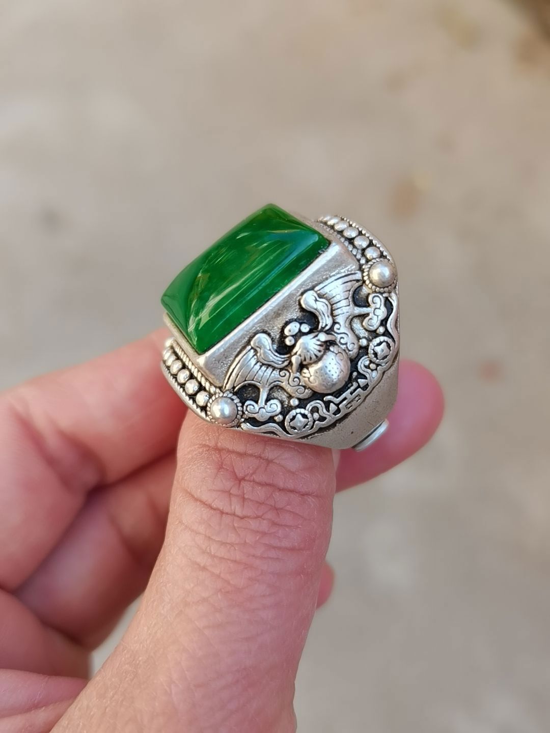 Asian old miao silver hand cast cool statue ring jewel gift
