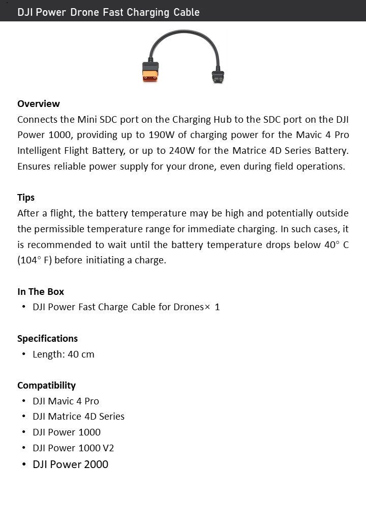 DJI Power Fast Charging Cable for Matrice 4D/Mavic 4 Pro–190/240W Field Charging