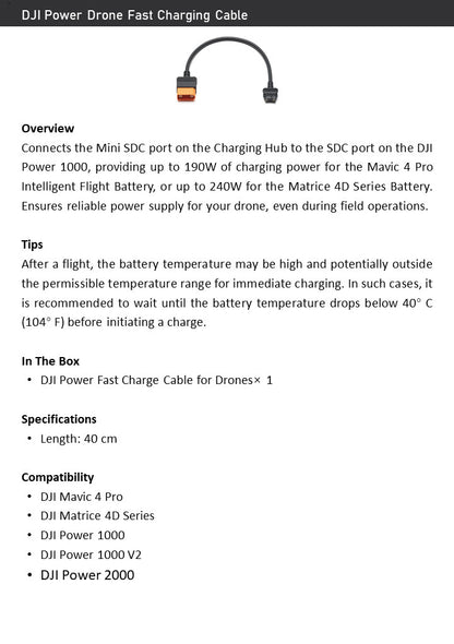 DJI Power Fast Charging Cable for Matrice 4D/Mavic 4 Pro–190/240W Field Charging