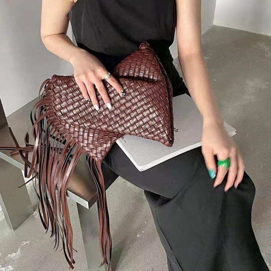 Tassel Clucth Bags Women Leather Woven Lady Handbags Bag Large Party Female