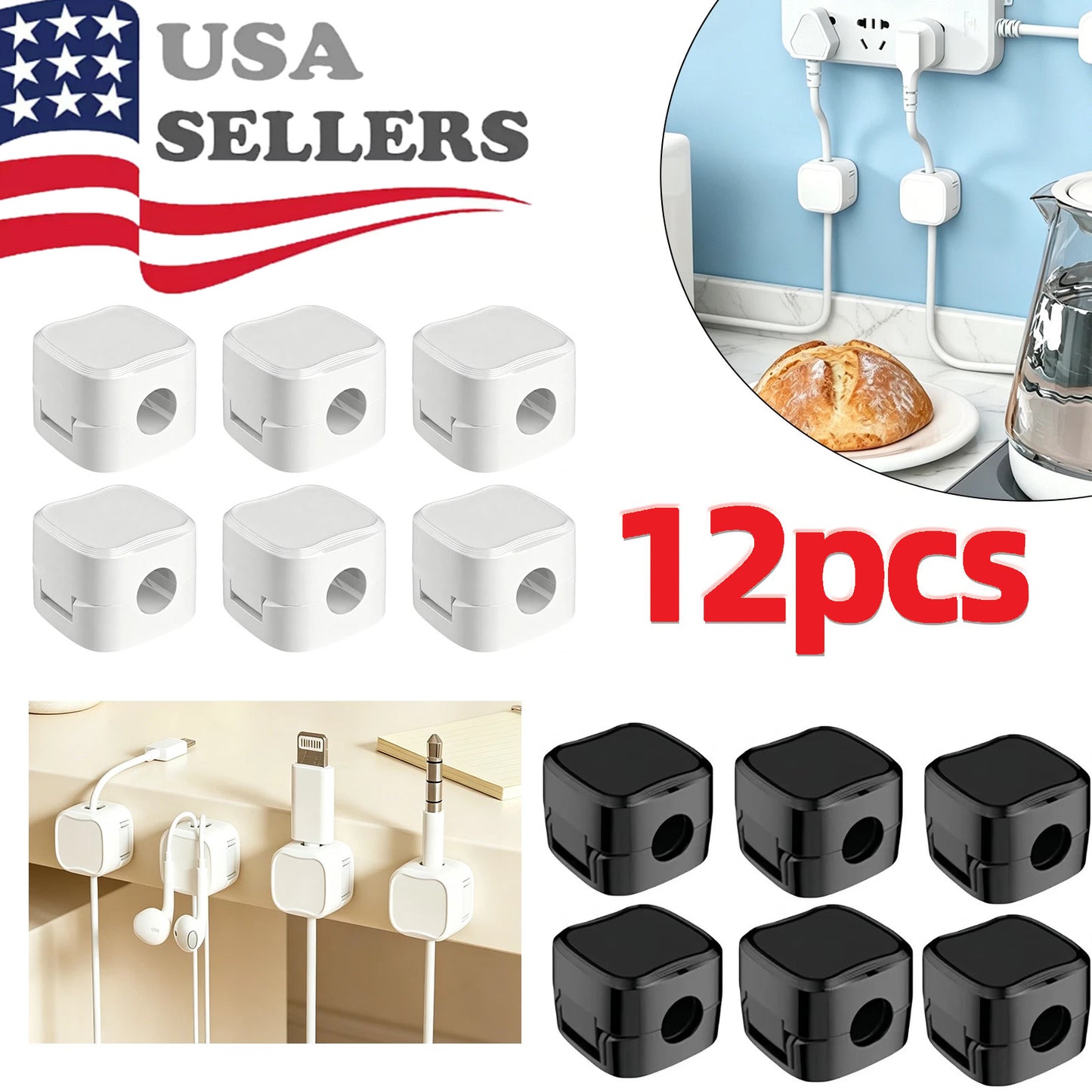 12Pcs Magnetic Cable Clips & Cord Holder, Under Desk Cable Management