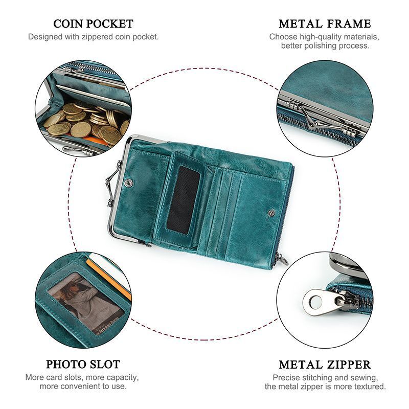 Small Metal Frame Purse Genuine Leather Wallet Hasp Zipper Coins Cards Holder