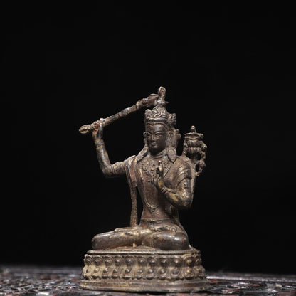 7.6"Xizang Buddhism Temple Bronze Hold Sword Manjushri Tara Buddha Statue