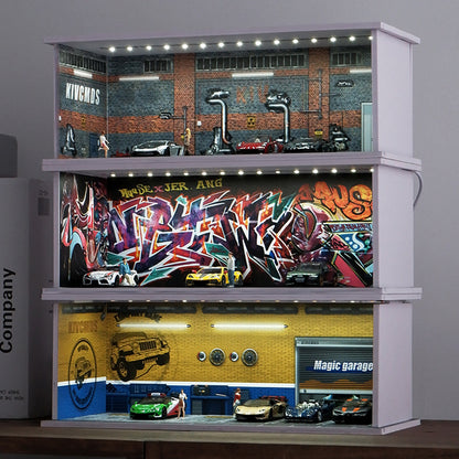 1/64 Car Garage Model LED Lighting Parking Lot Scene Display Diorama Toy Model