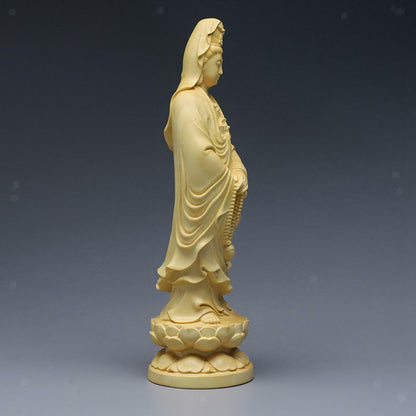 Boxwood Guanyin Sculpture Buddha Statue Feng Shui for Tabletop Tea House