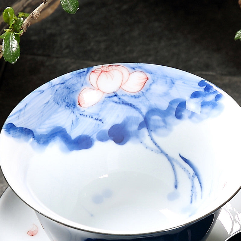 Porcelain Gaiwan Blue Glaze Tureen Jingdezhen Handpainted Covered Bowl Tea Cup
