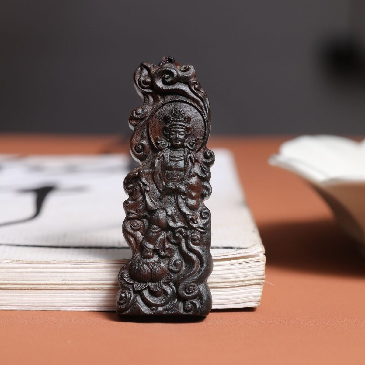 Indonesia Dala dry Agarwood Hand-carved Cloud lotus Kwan-yin Statue Pendant