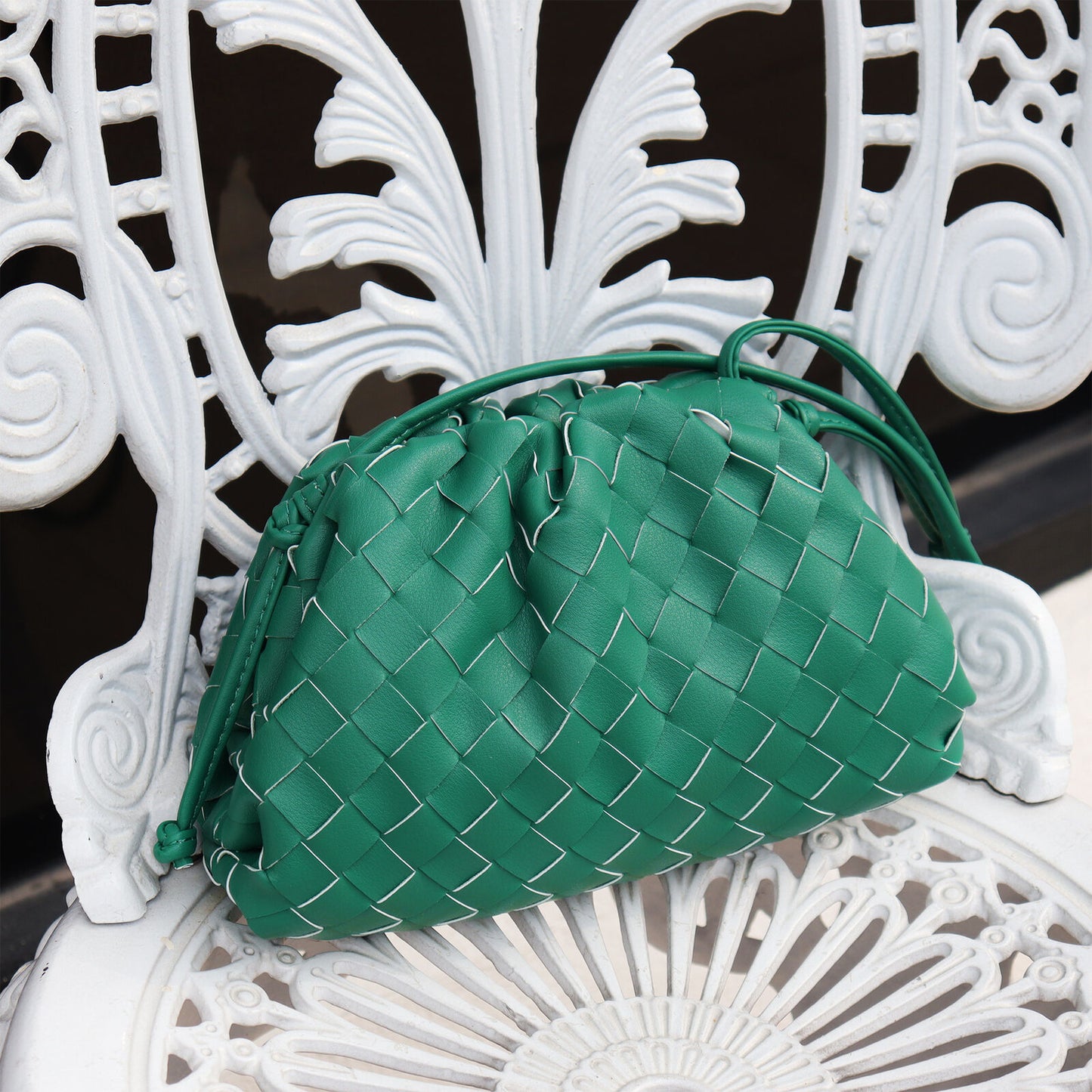 Woven Ruched Microfibre Leather Mini Pouch Clutch Bag Crossbody Shoulder Purse