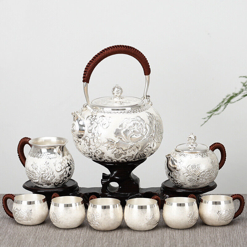 Sterling Silver Tea Set Stove Kettle Tea Pot Tea Cups Handmade Wealth Blooms Set