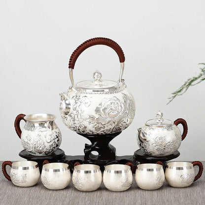Sterling Silver Tea Set Stove Kettle Tea Pot Tea Cups Handmade Wealth Blooms Set