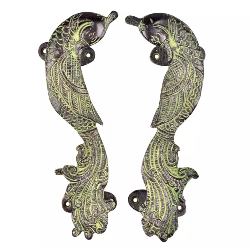 Set of 2 Antique Look Brass Decorative Patina Peacock Door Handle Home Decor