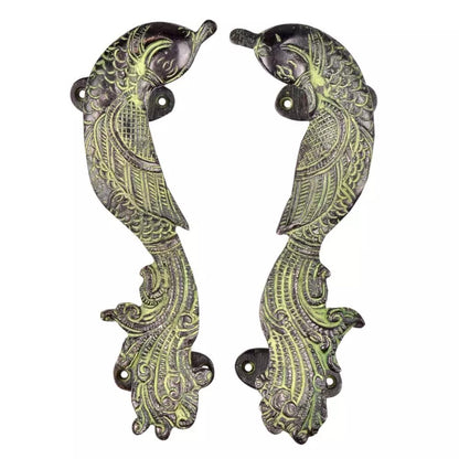 Set of 2 Antique Look Brass Decorative Patina Peacock Door Handle Home Decor