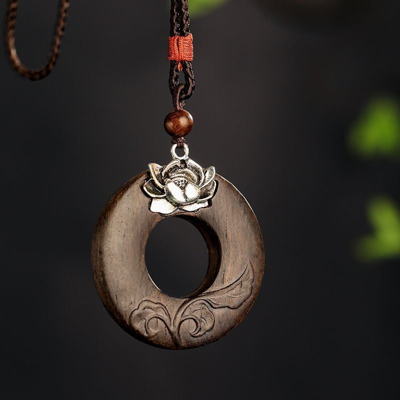 Vintage Sandalwood Lotus Safety Buckle Pendant Ethnic Sweater Chain
