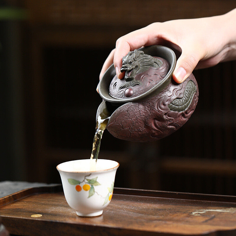 True Yixing Zisha Purple Clay Tea Pot Handmade Dragon Carved Relief Master Pot