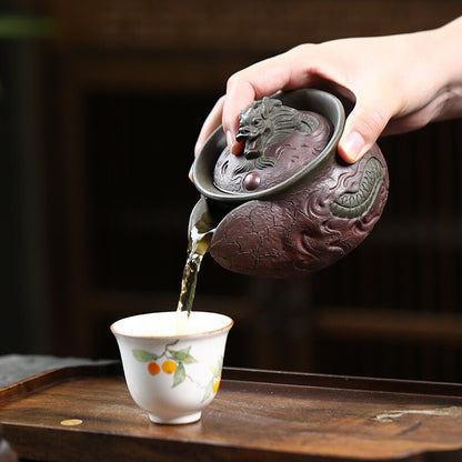 True Yixing Zisha Purple Clay Tea Pot Handmade Dragon Carved Relief Master Pot