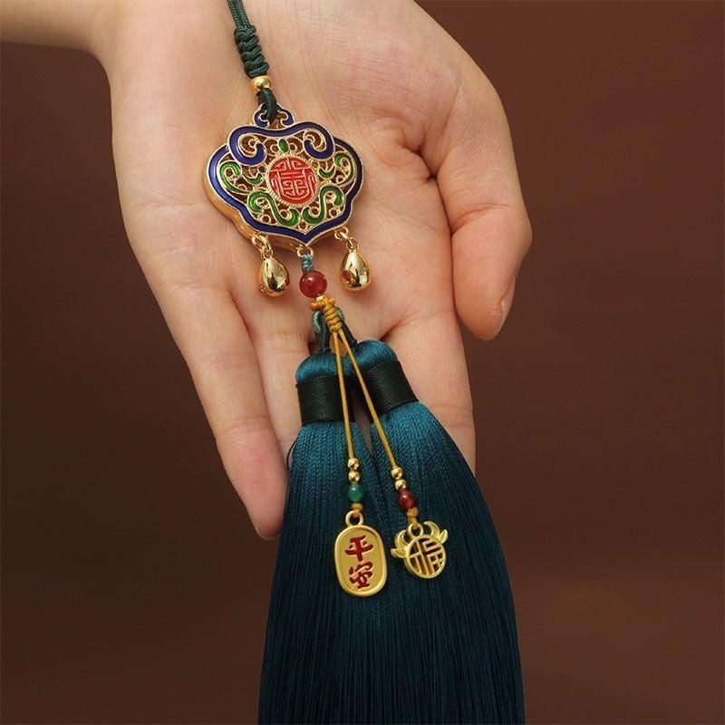 Brass Enamel Ruyi Safety Lock Car Pendant Tassel Handmade Retro Decor