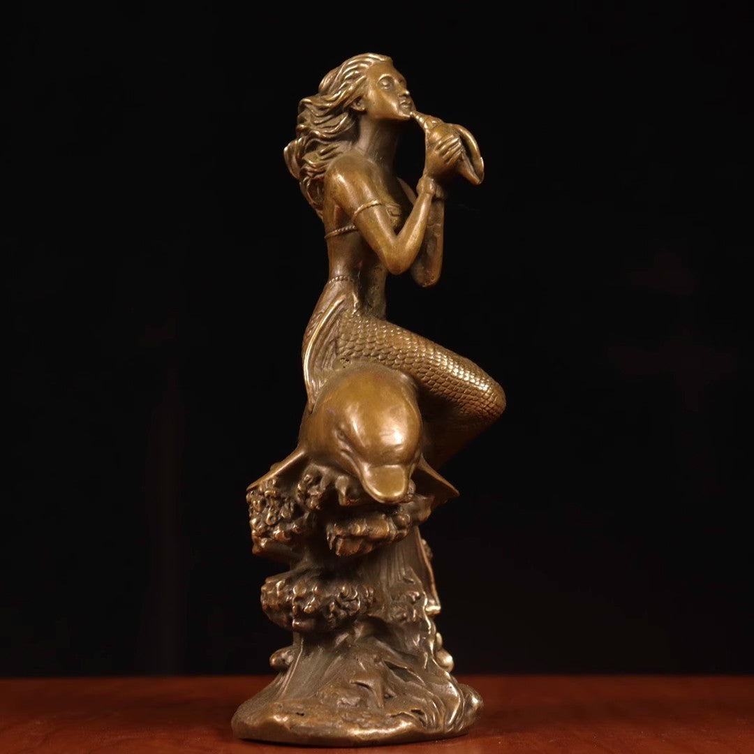 7" Brass Mermaid Girl Dolphin Beauty Sculpture Artwork Figurine Home Decor