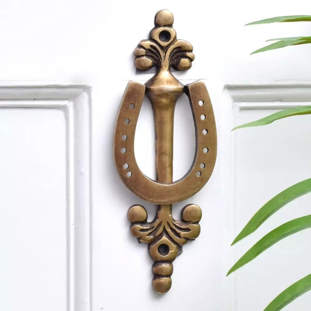 Antique Look Brass Horse Shoe Door knocker On Long Base Plate Door Bell