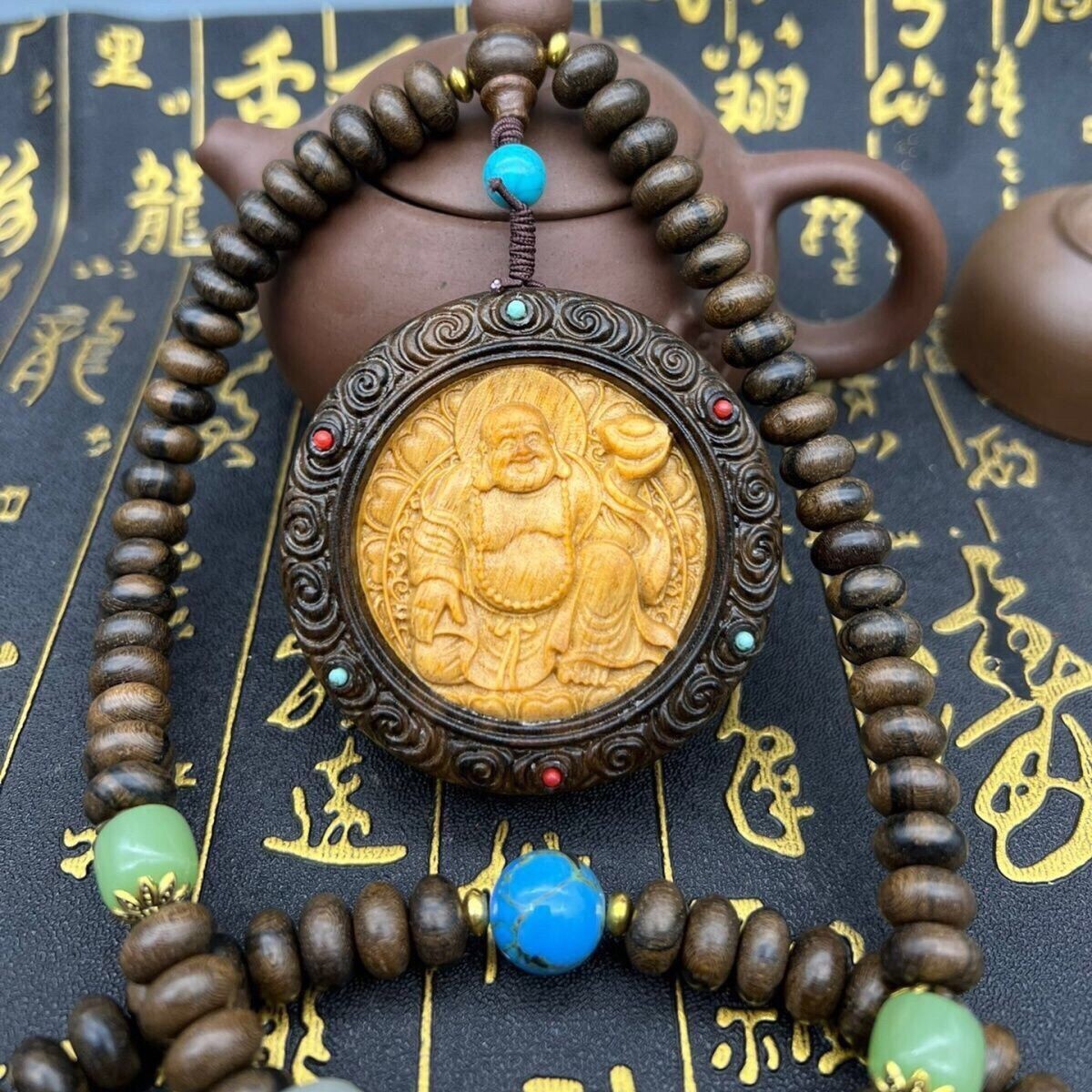 Natural Grade A Agarwood Hand Carving Maitreya Buddha Pendant Necklace Beads