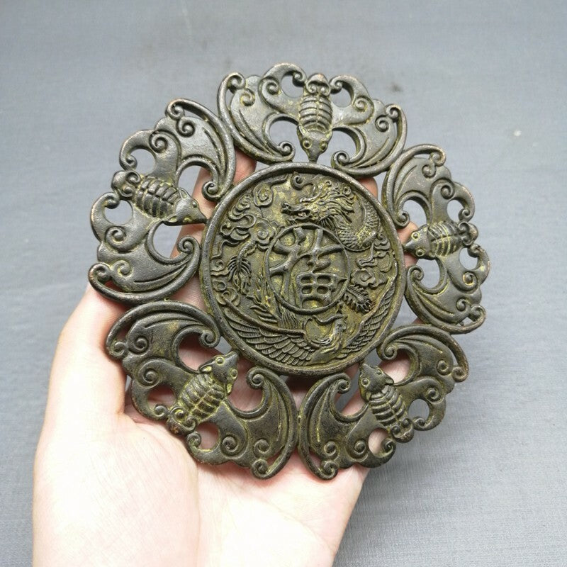 Old Chinese bronze copper handcarved fu word bat Pendant Waist card