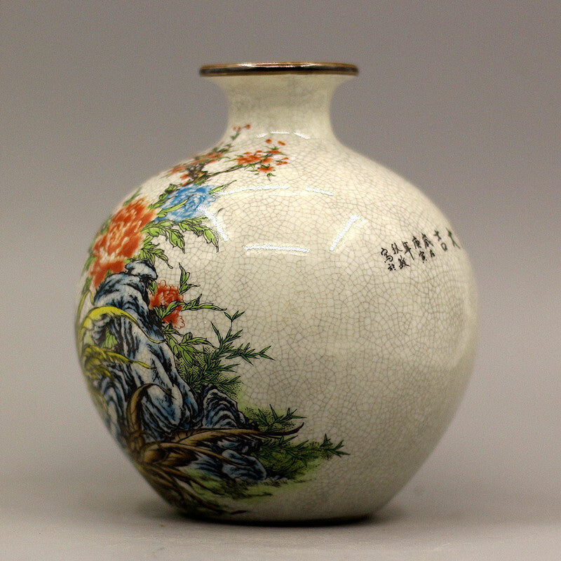 6.3" Collect Chinese Qing Famille Rose Porcelain Tree Peony Animal Chook Vase