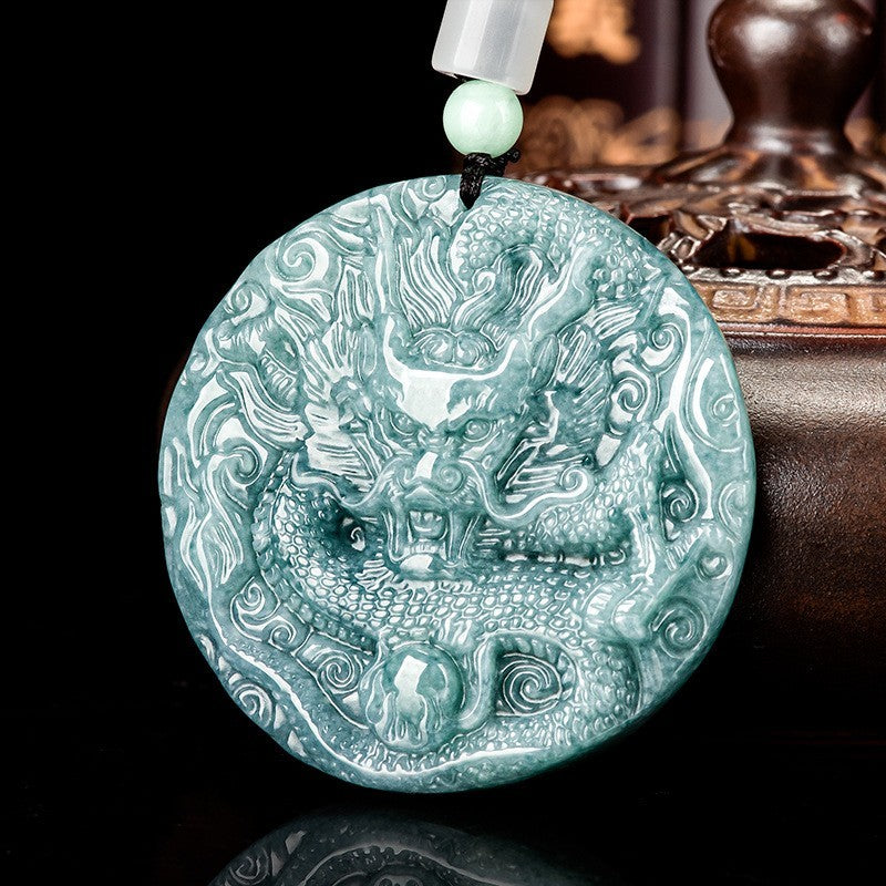 Certificate China Natural Grade A Jade Jadeite Zodiac Dragon Men Lucky Pendant