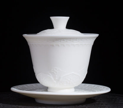 Handmade Tureen Fat Mutton Jade Porcelain Gaiwan Covered Bowl Relief Lid Saucer