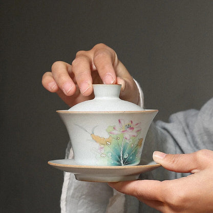 Ceramic Gaiwan Traditional Chinese Pigmented Tea Bowl Floral Patterns Tea Tureen