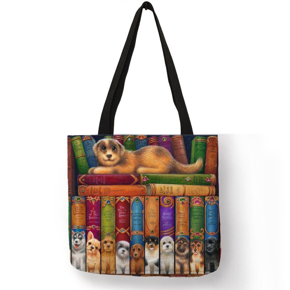 Cat Print Tote Bag Linen Reusable Shopping Bag Oil Painting Shoulder Shopper Bag