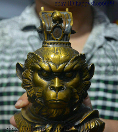 9" Chinese Buddhism Temple Pure Bronze Monkey King Sun Wukong Buddha Head Statue