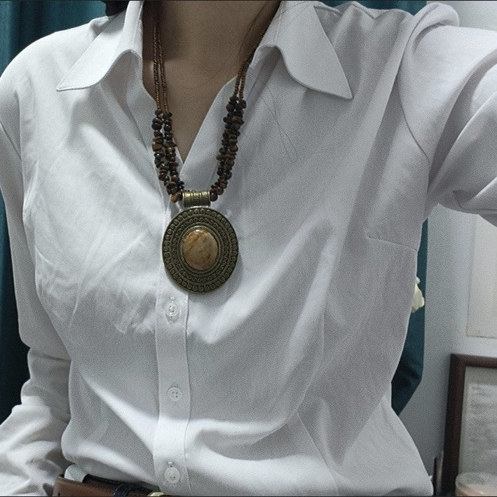 Bohemian Tiger Eye Necklace Women Oval Pendant Chip Bead Ethnic Jewelry