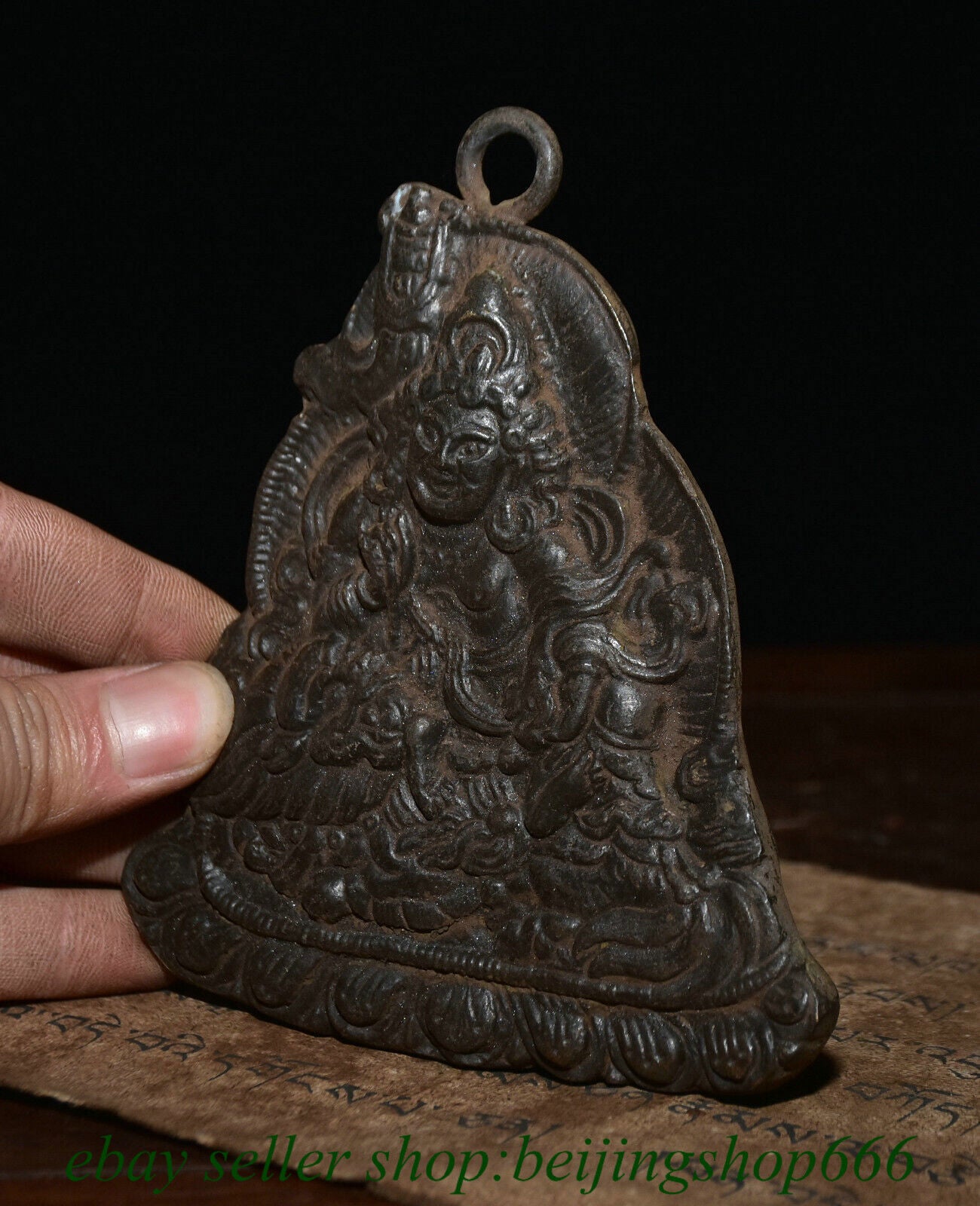 4.6" Old Tibet Bronze Temple Vaishravana On Lion Protector Deity Pendant Amulet
