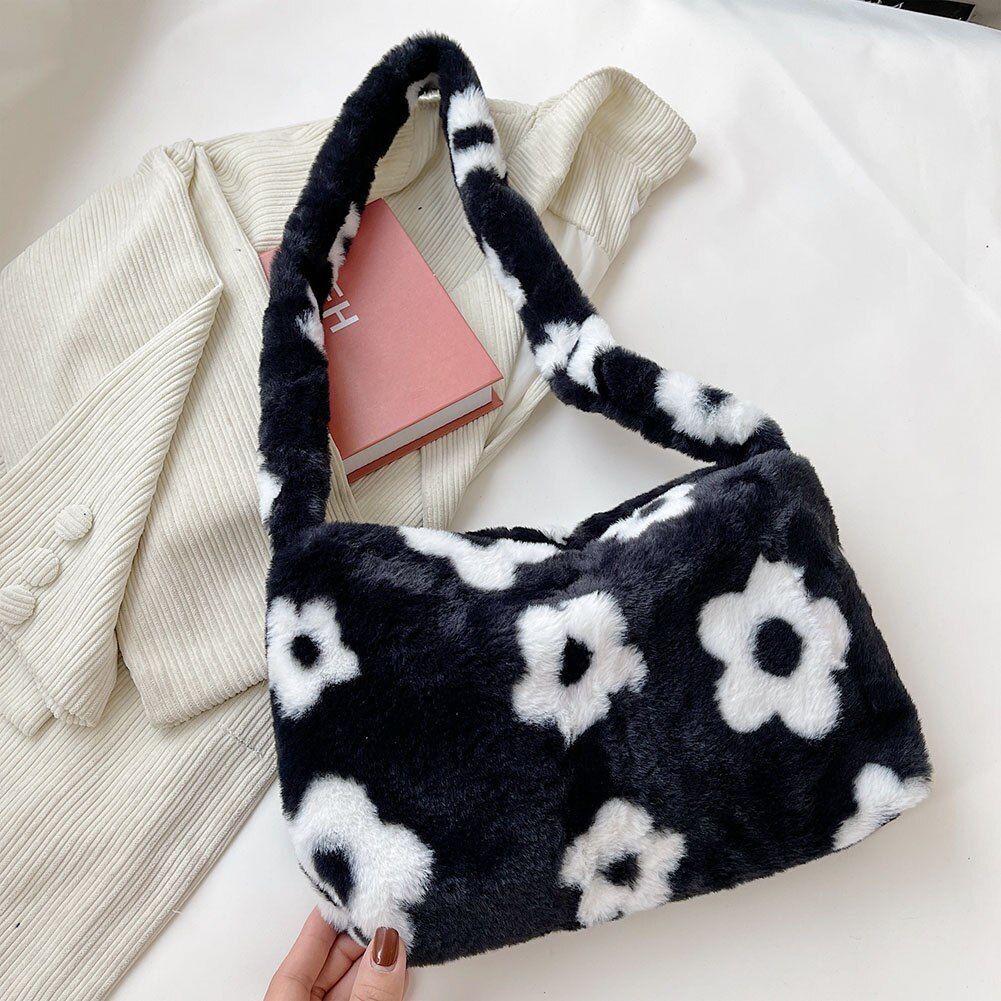 Flower Pattern Shoulder Bag Elegant Underarm Bag Faux Fur Handbag 30*20*5 CM 1PC