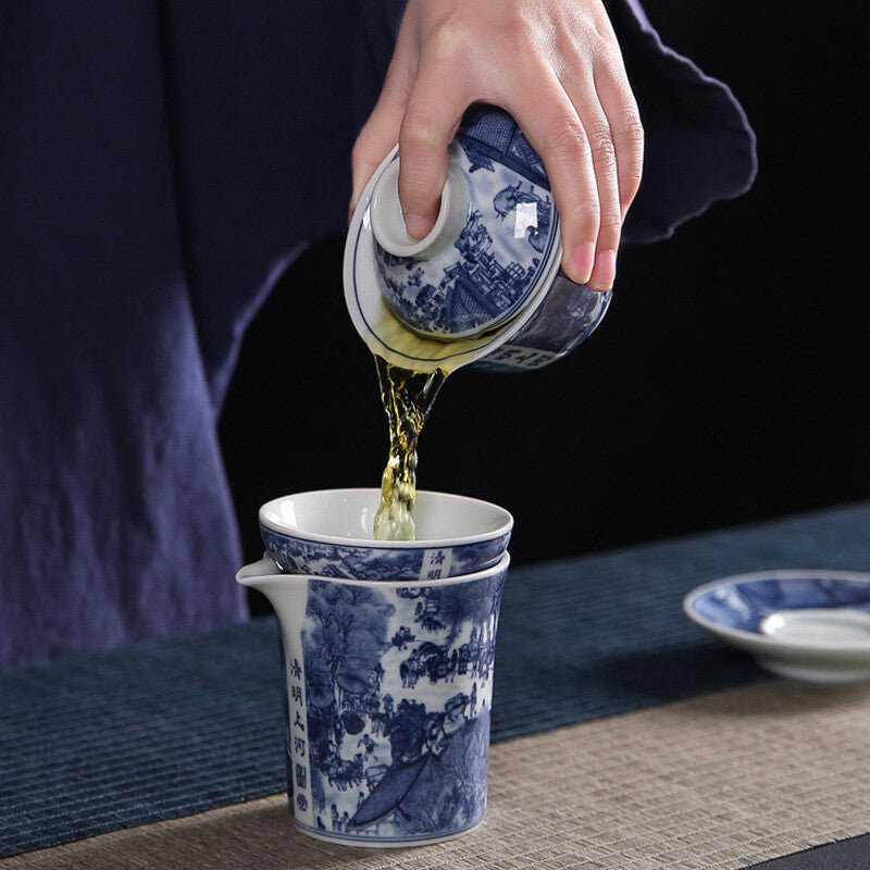 Blue-and-white Porcelain Tea Set Riverside Scene At Qingming Festival Gaiwan Cup