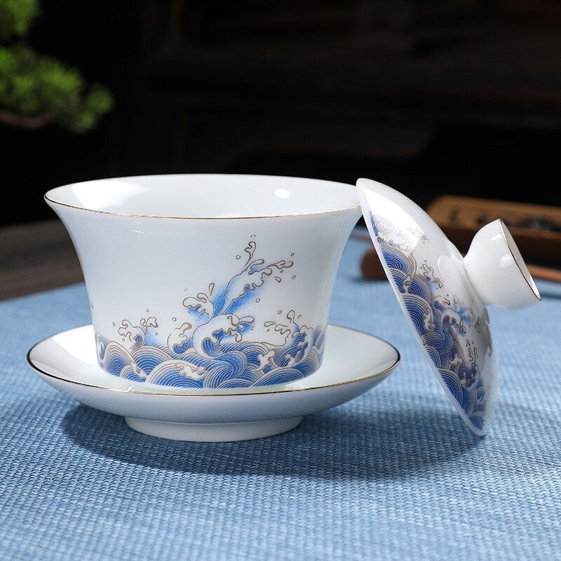 Brewing Tea Cups Sea Wave Gaiwan Chinese Style Ceramic Tureen 170ml Tea Bowl