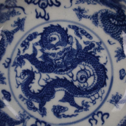 Chinese Blue and White Porcelain Qing Tongzhi Dragon Design Plate 3.94 inch