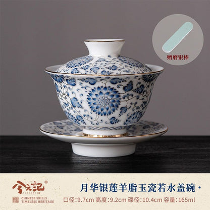 Chinese Blue White Gaiwan Porcelain Lidded Tea Bowl Saucer Gongfu Tea 165ml