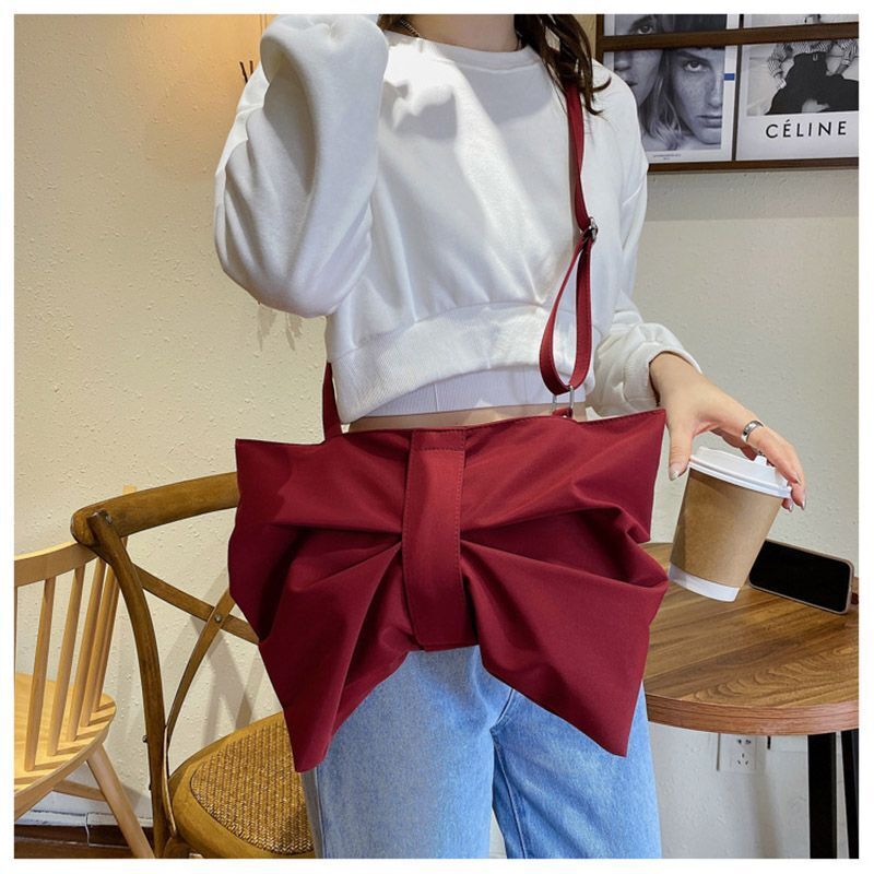 Bow Canvas Handbags Big Shoulder Crossbody Bag Travel Messenger Black Red Clutch