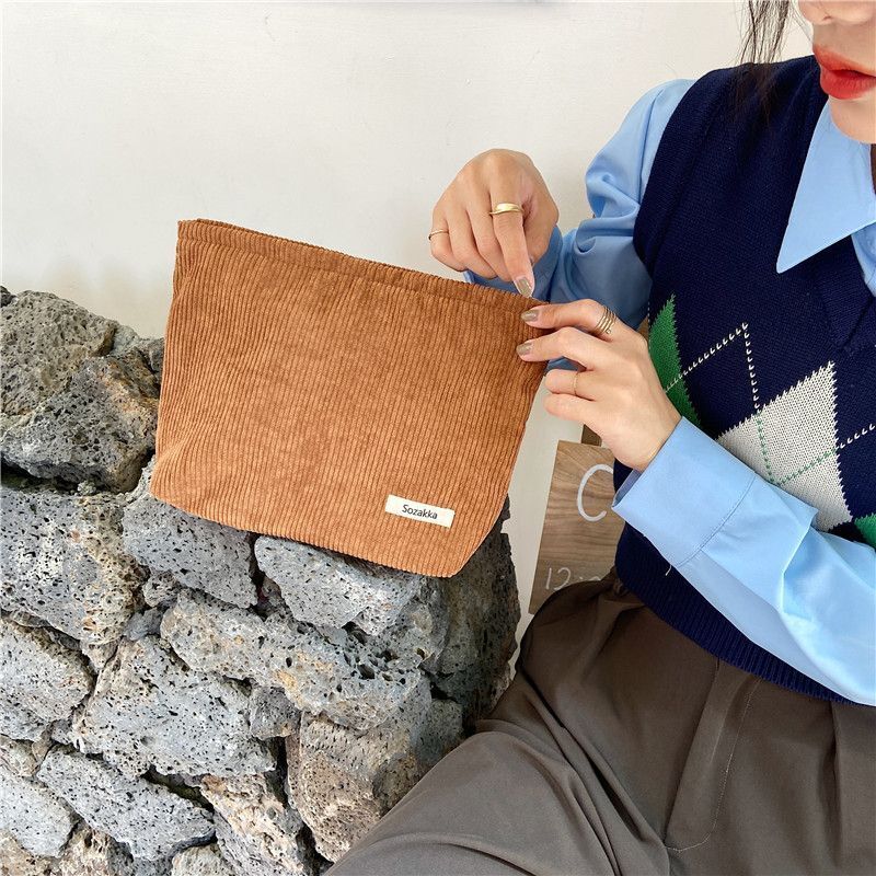 Large Cosmetic Bag Corduroy Cloth Makeup Pouch Traveling Lipstick Organizer Case
