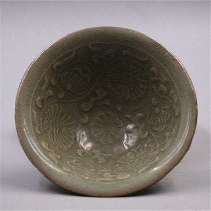 Chinese Song Yaozhou Kiln Celadon Glaze Porcelain Carved Flowers Bowl 4.1 Inch