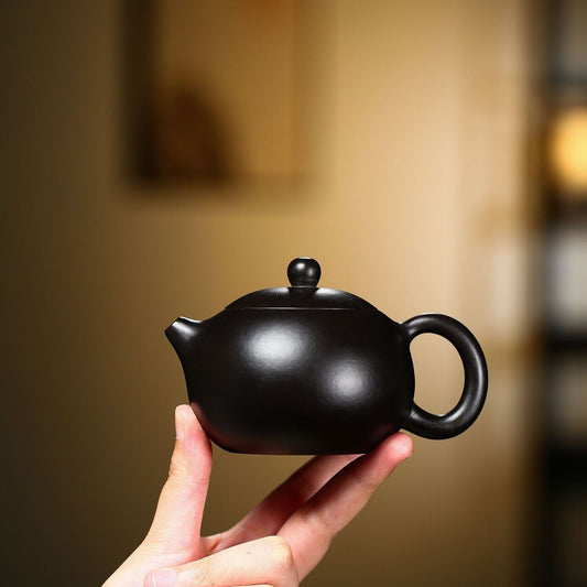 Yixing Zisha Teapot Black Clay Pottery Carved Tea Pot Xishi Pot 9 Infuser Holes