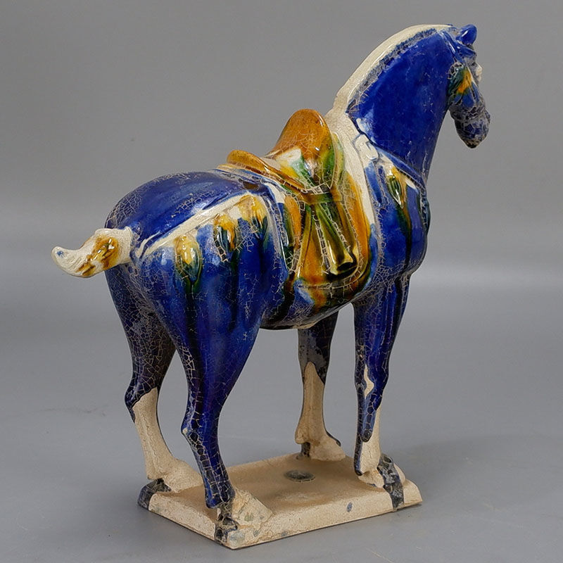 9" Chinese Old Tang Tri-Color Glazed Ceramics Blue War Horse Porcelain Statue