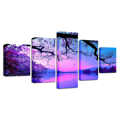 Purple Trees Lake Sunset Nature Landscape Painting 5 Panel Canvas Print Wall Ar