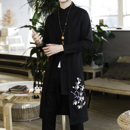 Coat Men Cardigan Coat Male Long Chinese Style Black Loose Linen Jacket