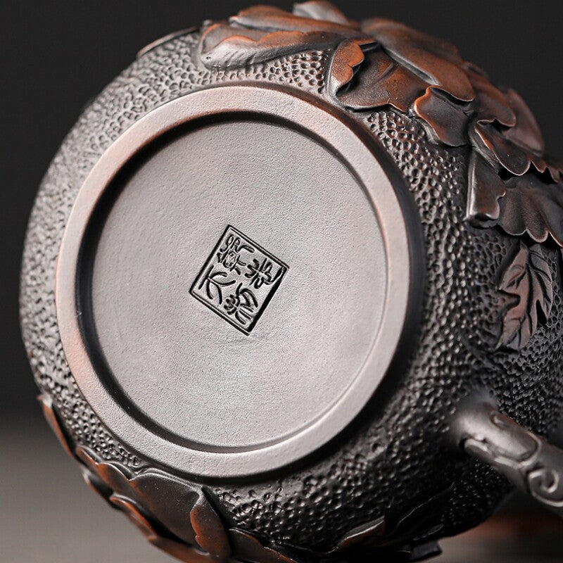 Handmade Carve Peony Flower Blossom Embossed Purple Pottery Tea Pot Marked 6.8oz