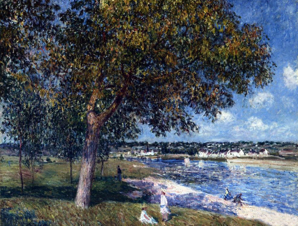 Stunning Oil painting Alfred Sisley - Walnut Tree in a Thomery Field by river