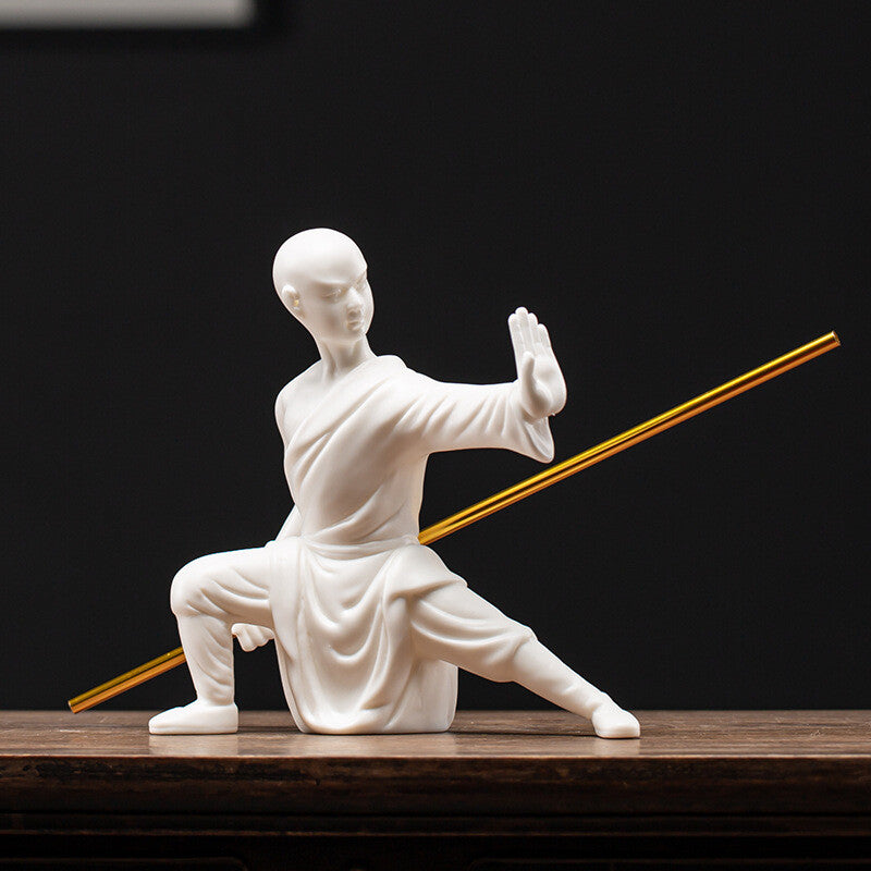 Porcelain Monk Statue Chinese Kungfu Posture Shaolin Monk Boy With Bar Tea Pet