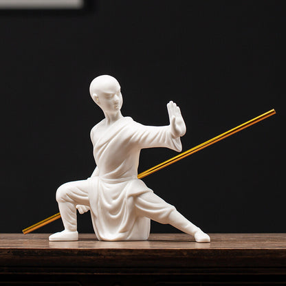Porcelain Monk Statue Chinese Kungfu Posture Shaolin Monk Boy With Bar Tea Pet