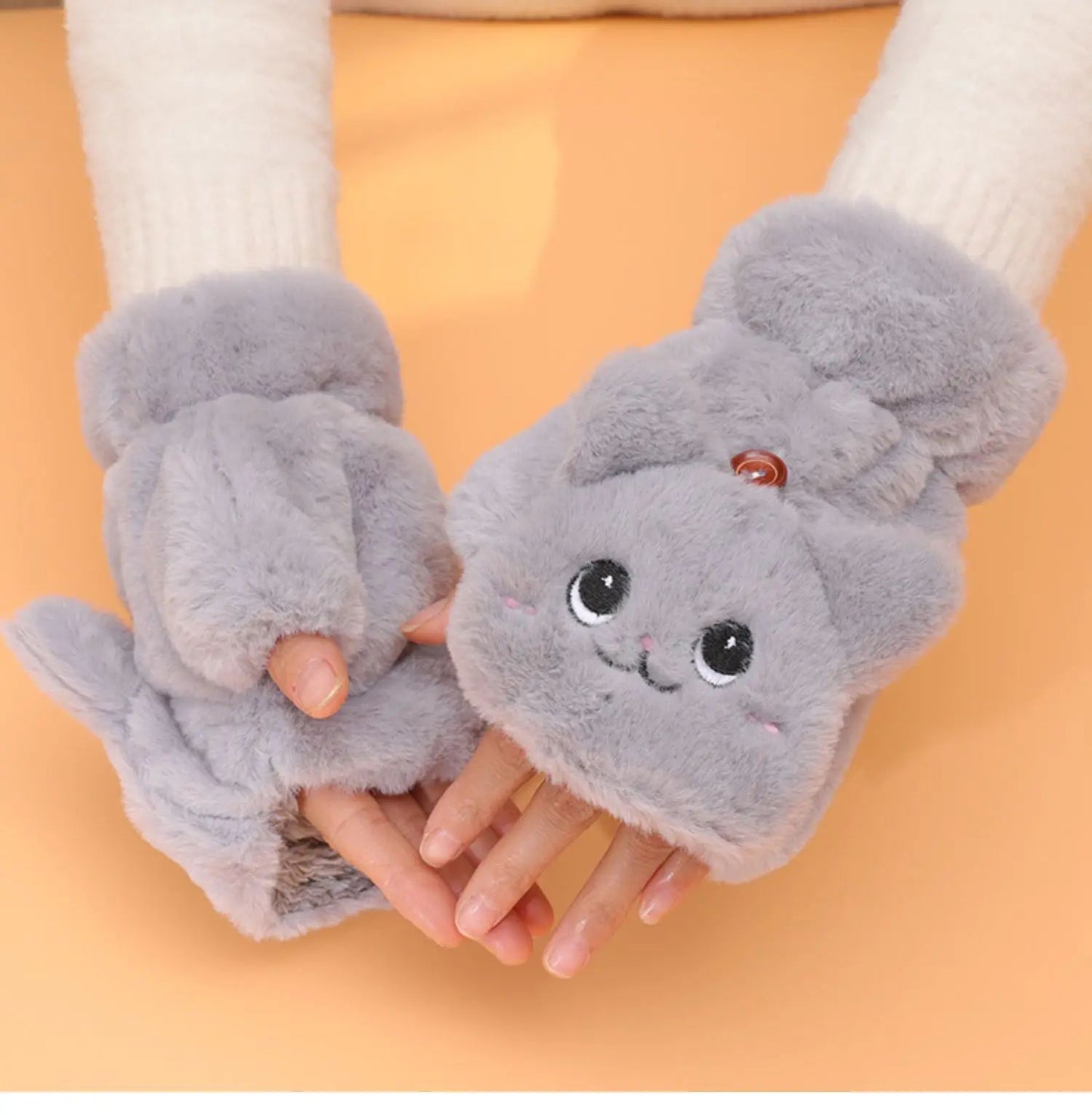 Women Winter Gloves Coral Fleece Half-Finger Style Plush Warm Soft Thick Mittens