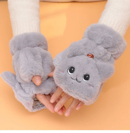 Women Winter Gloves Coral Fleece Half-Finger Style Plush Warm Soft Thick Mittens